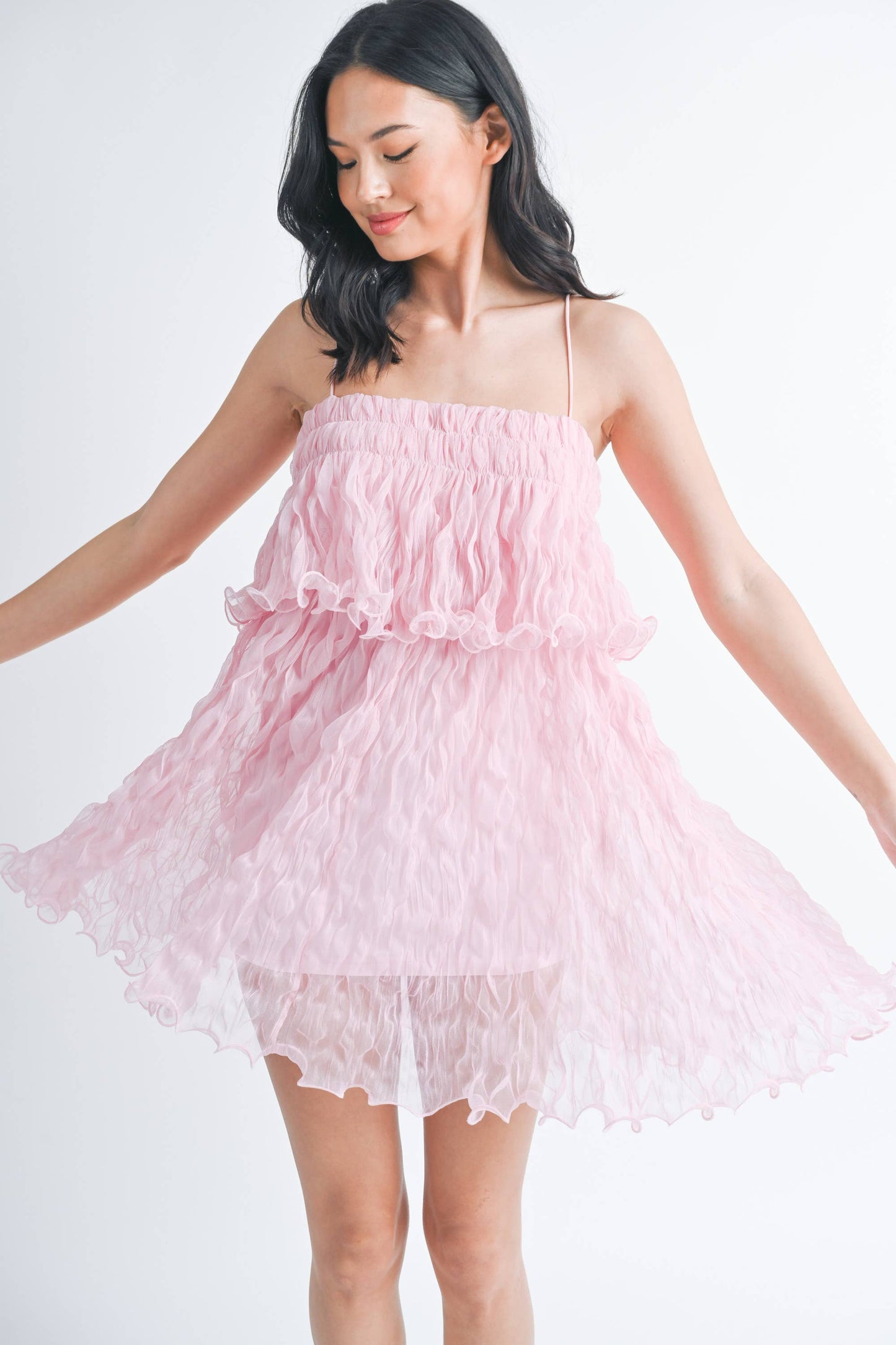 PLEATED TULLE RUFFLED TIERED MINI DRESS