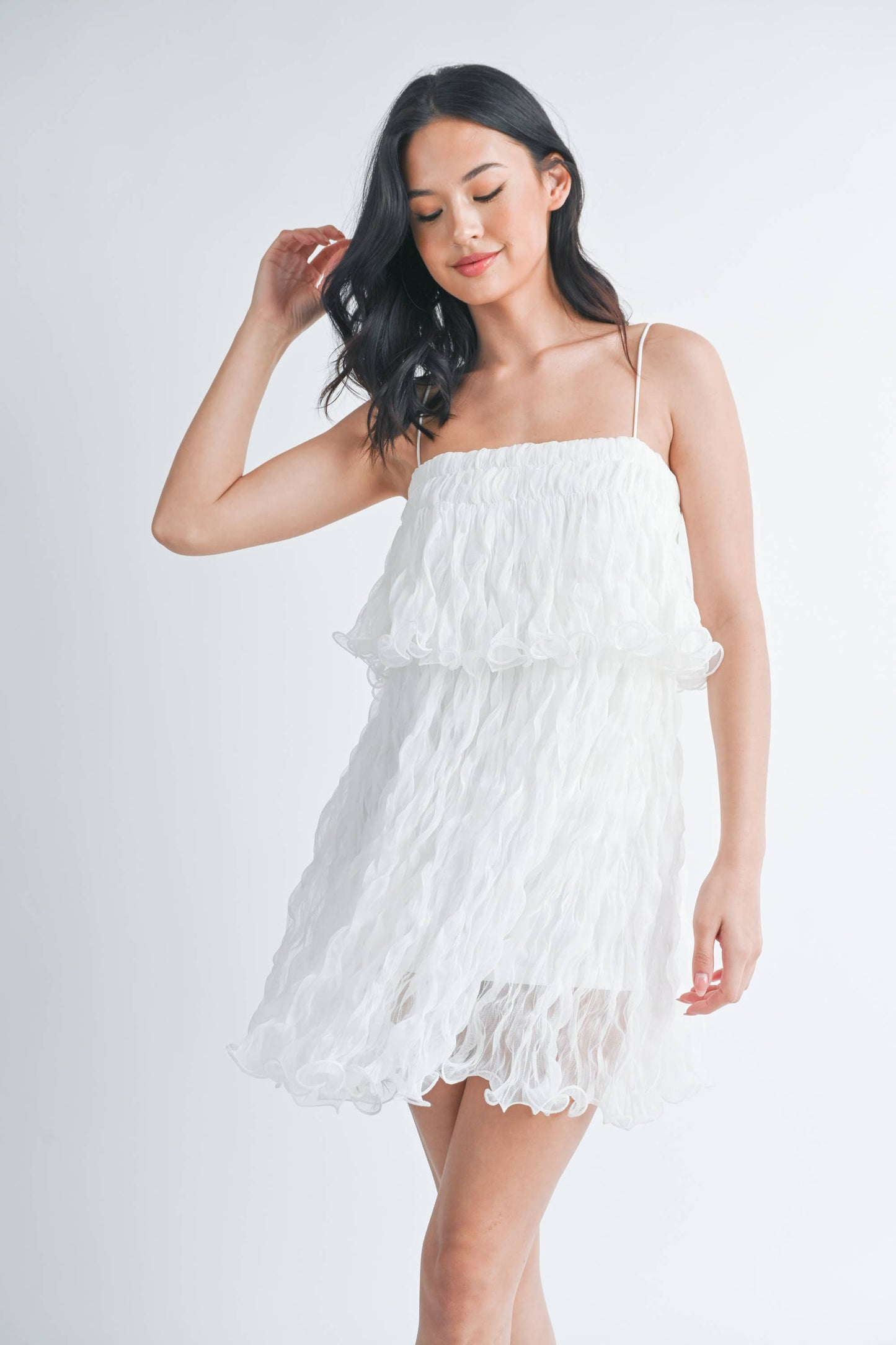 PLEATED TULLE RUFFLED TIERED MINI DRESS