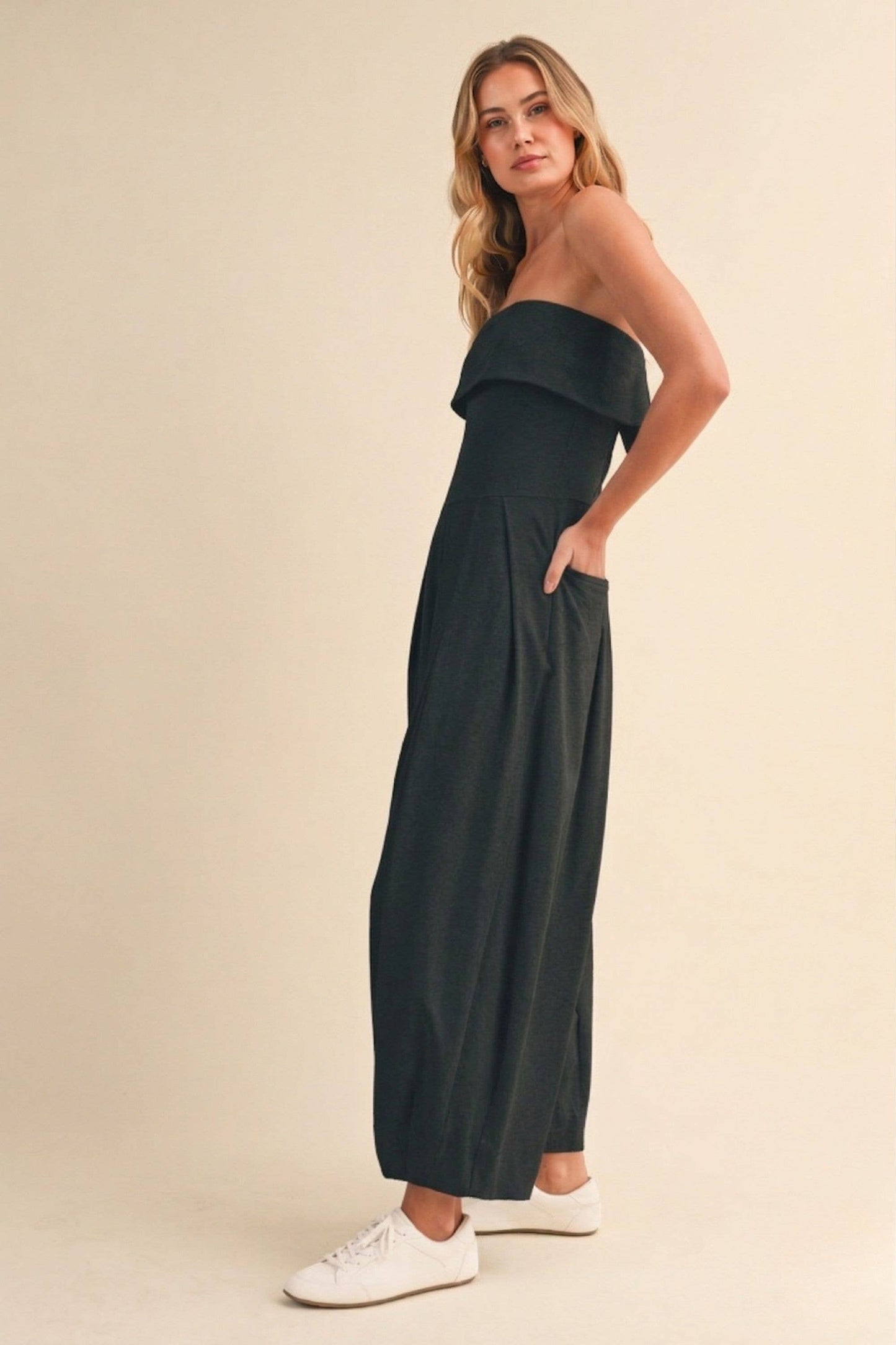 FOLDOVER STRAPLESS SMOCKED BACK PLEATED BARREL JUMPSUIT