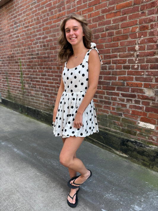 Polka Dot Tie Shoulder Pleated Romper