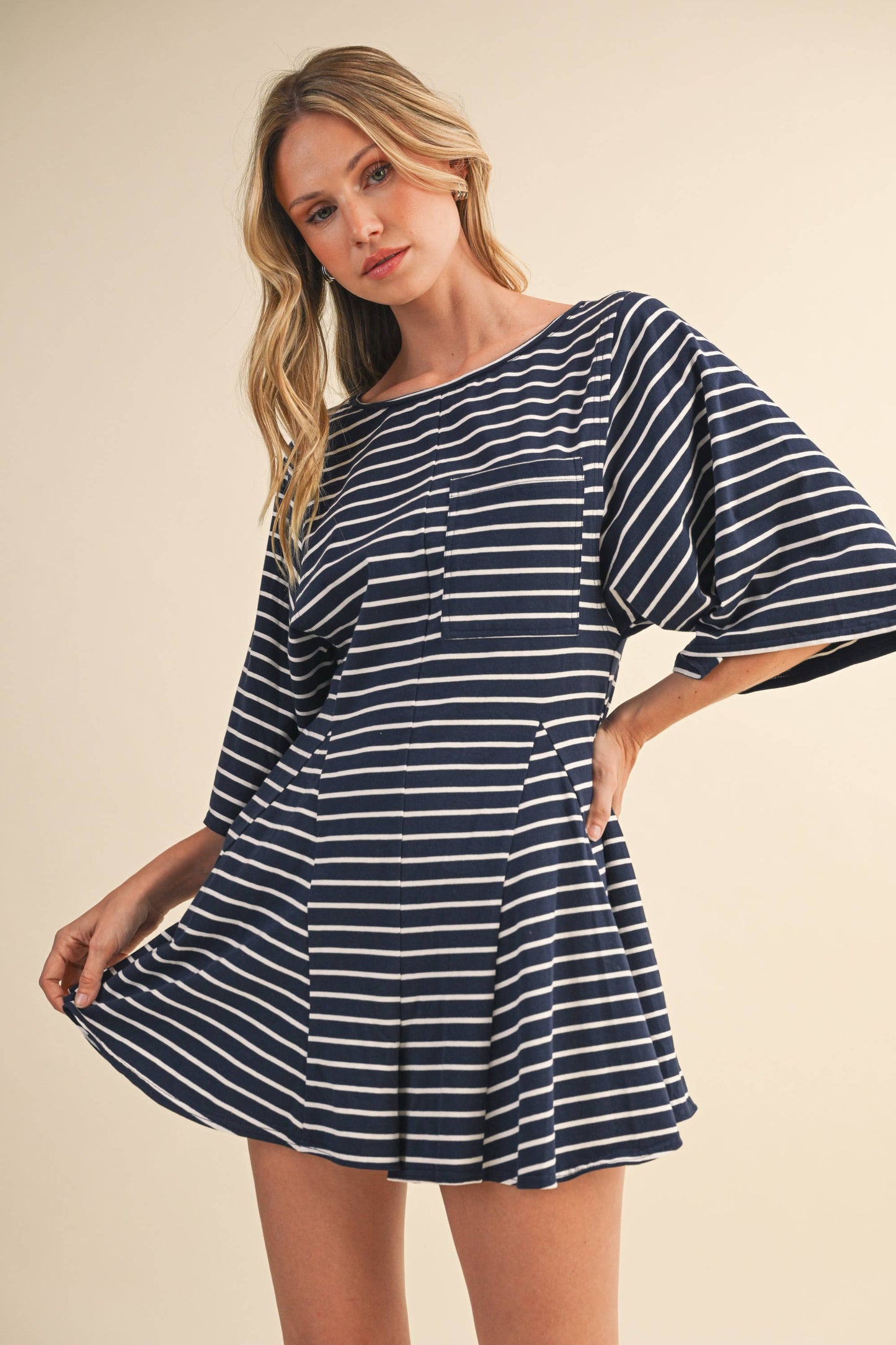 STRIPED FRONT POCKET GODET FLOWY ROMPER