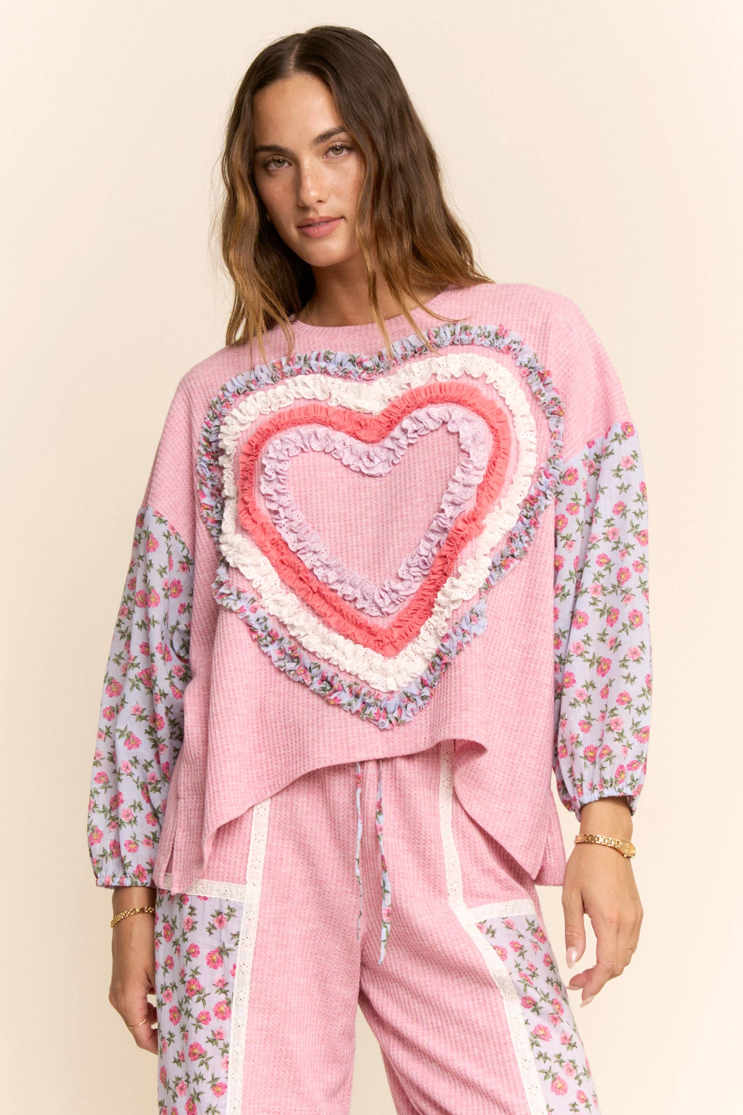 RUFFLE LAYERED HEART PATCH WORK TOP