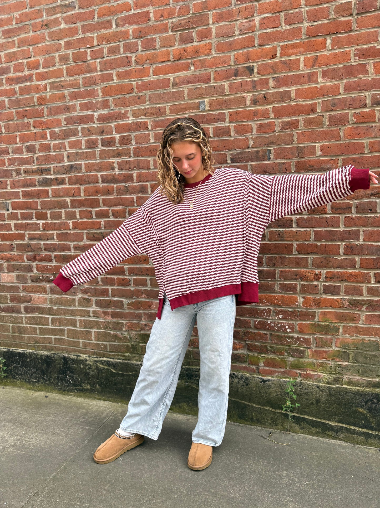 Stripe Ribbed Trim Drop Shoulder Long Sleeve Oversize Top