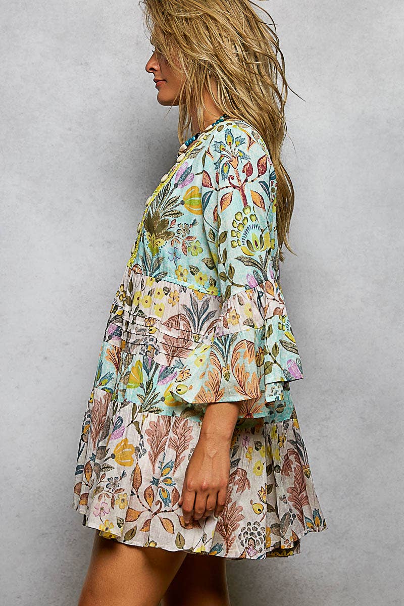 3/4 Sleeve V-neck Seashell Shape Printed Woven Dress