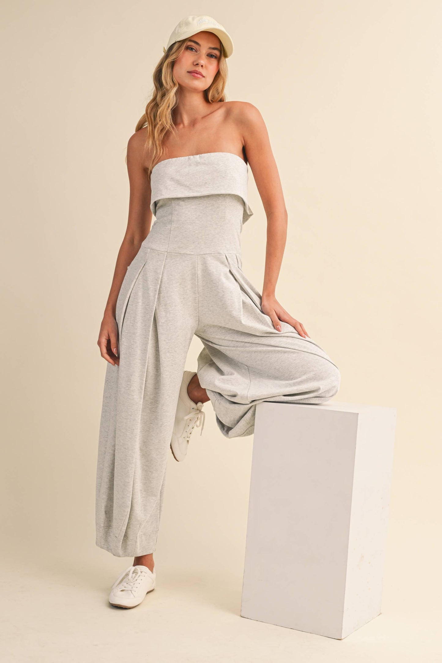 FOLDOVER STRAPLESS SMOCKED BACK PLEATED BARREL JUMPSUIT
