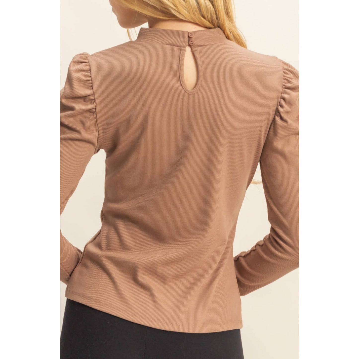 Elegant Puff-Sleeve Fitted Top With Keyhole Back