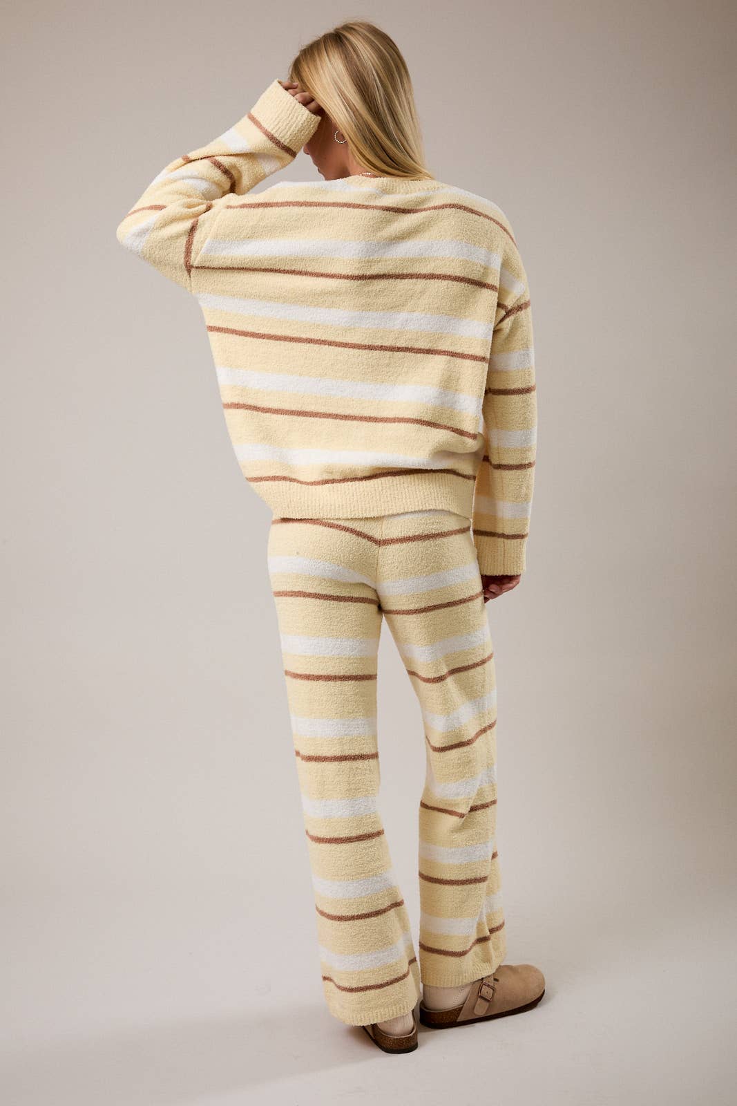 LONG SLEEVE STRIPE SWEATER TOP WITH WIDE LEG SWEATER PANTS