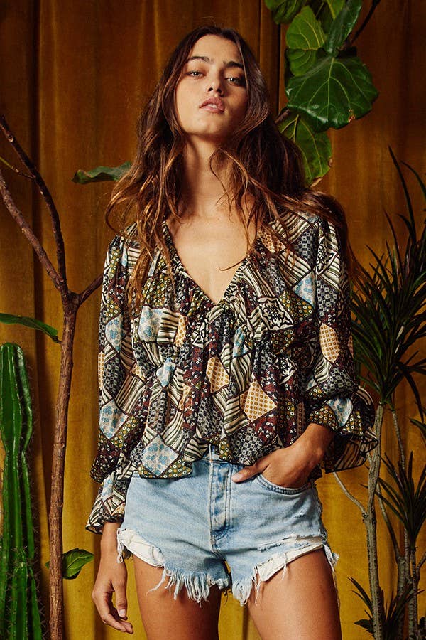 T1831B | [OUTLET SALE] Patchwork Print Sheer Flowy Top