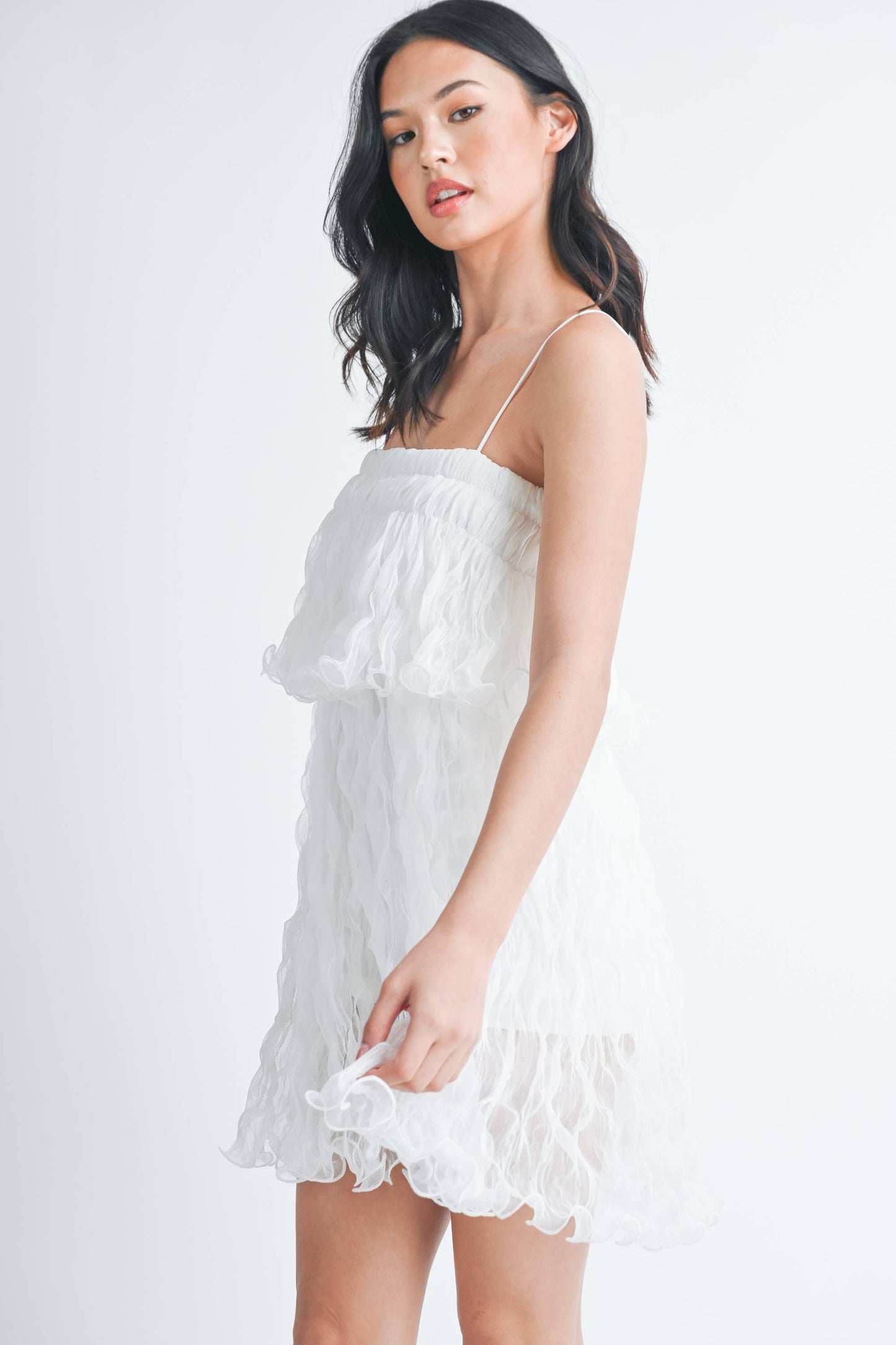 PLEATED TULLE RUFFLED TIERED MINI DRESS