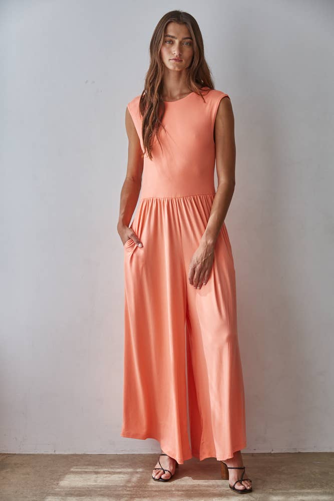 Knit Polyester Spandex Open Back Wide Leg Jumpsuit