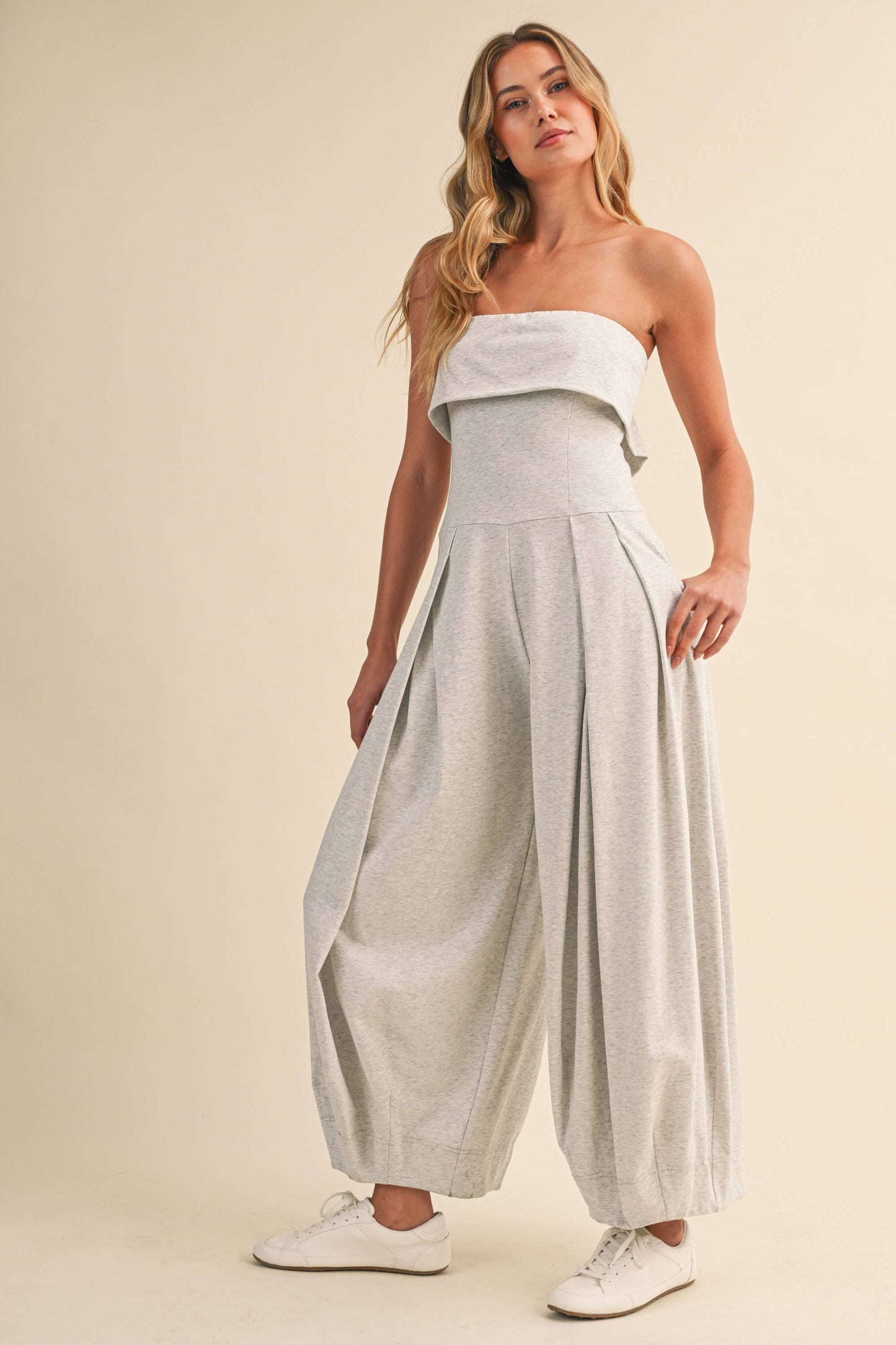 FOLDOVER STRAPLESS SMOCKED BACK PLEATED BARREL JUMPSUIT