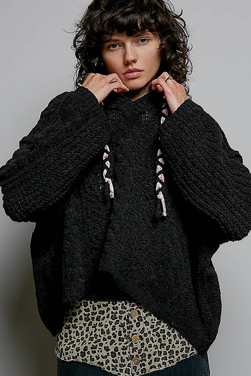 Oversized hooded cable knit chenille sweater