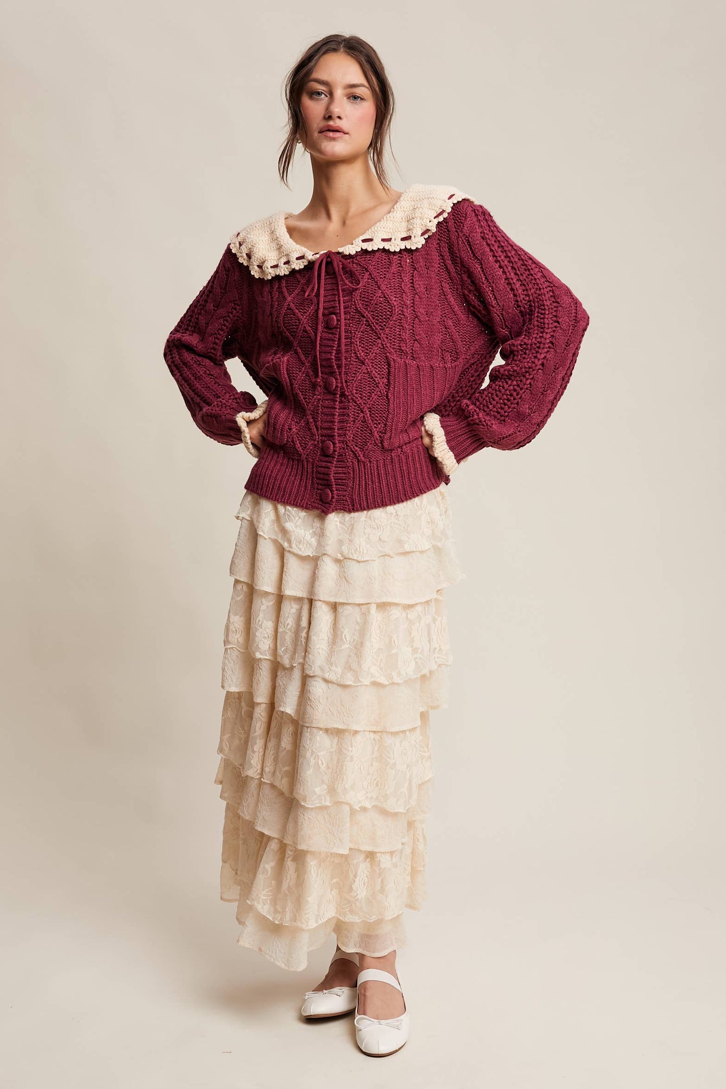 Two-Tone Crochet Collar Cable Knit Cardigan