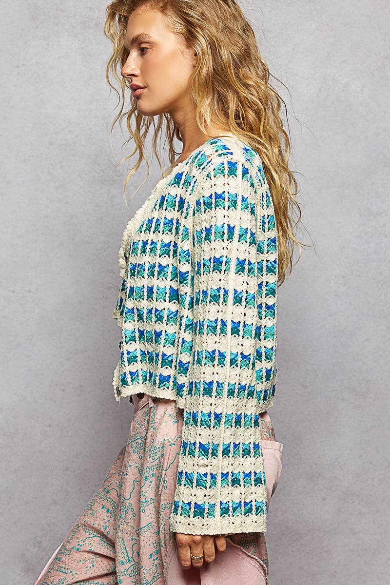 Scalloped Crochet V-Neck Long Sleeve Cardigan Top