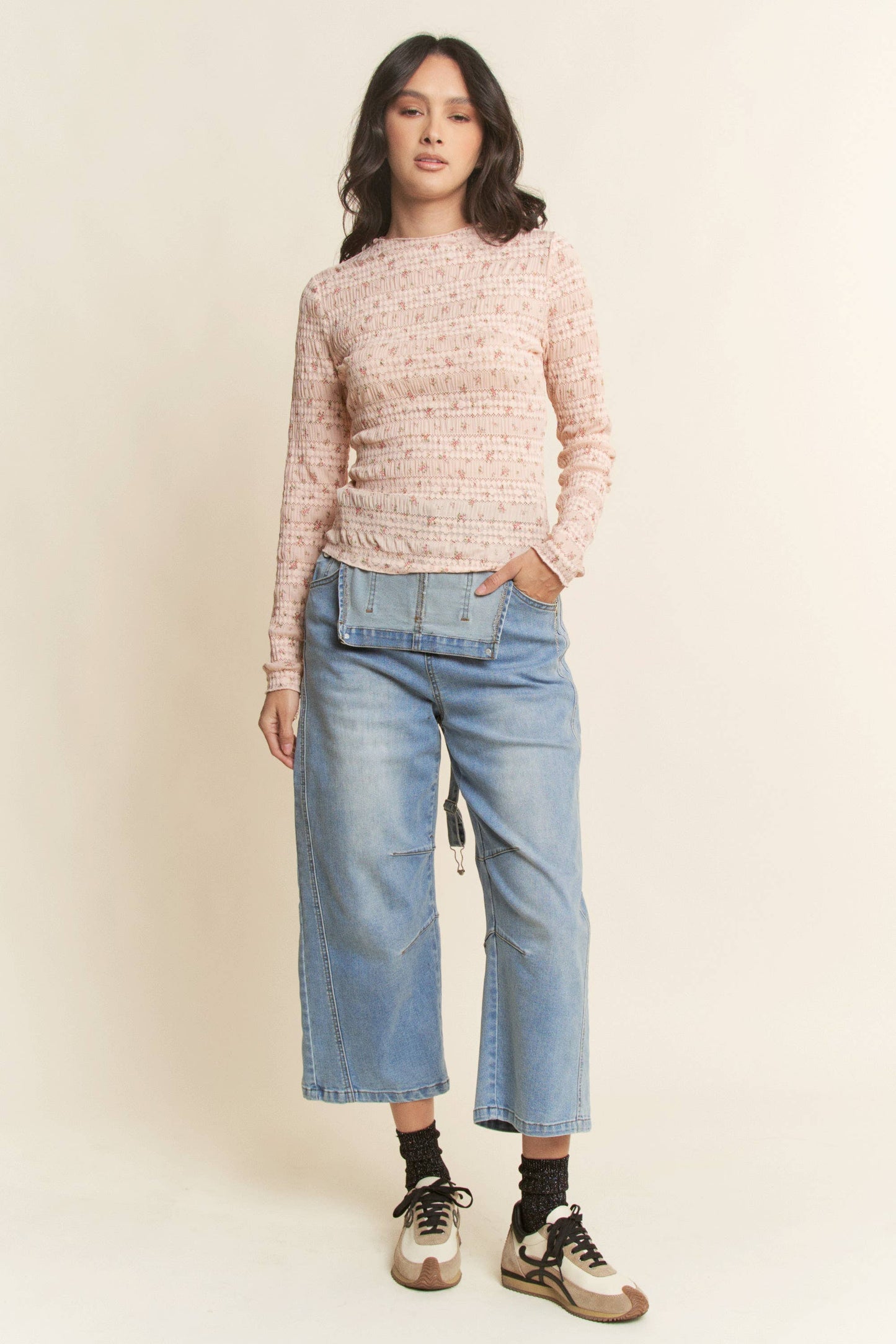 FLORAL PRINT MOCK NECK LONG SLEEVES KNIT TOP