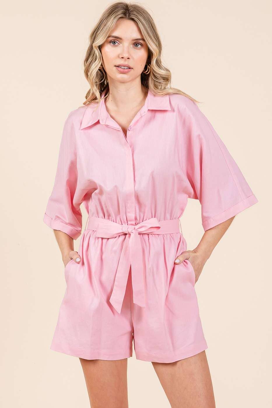 LINEN TIE BELT BUTTON DOWN COLLARED ROMPER