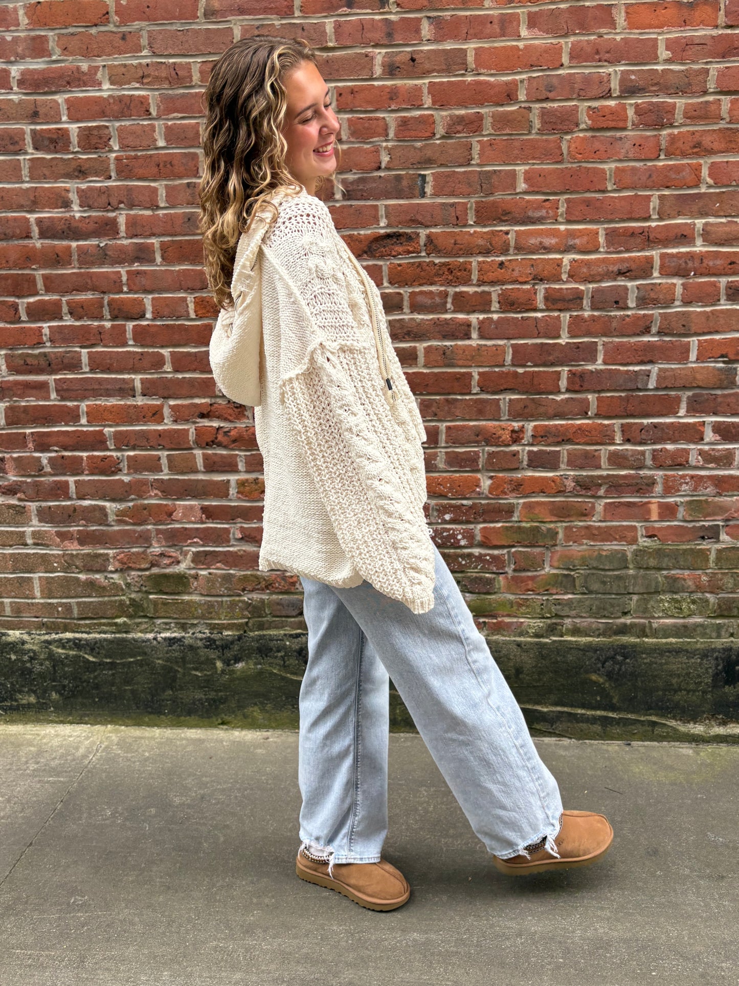 Oversized hooded cable knit chenille sweater