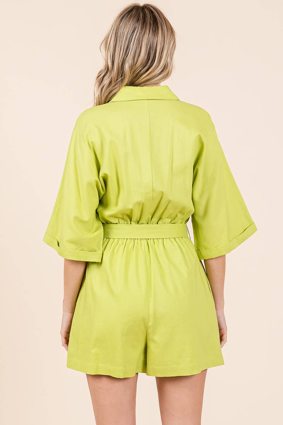 LINEN TIE BELT BUTTON DOWN COLLARED ROMPER