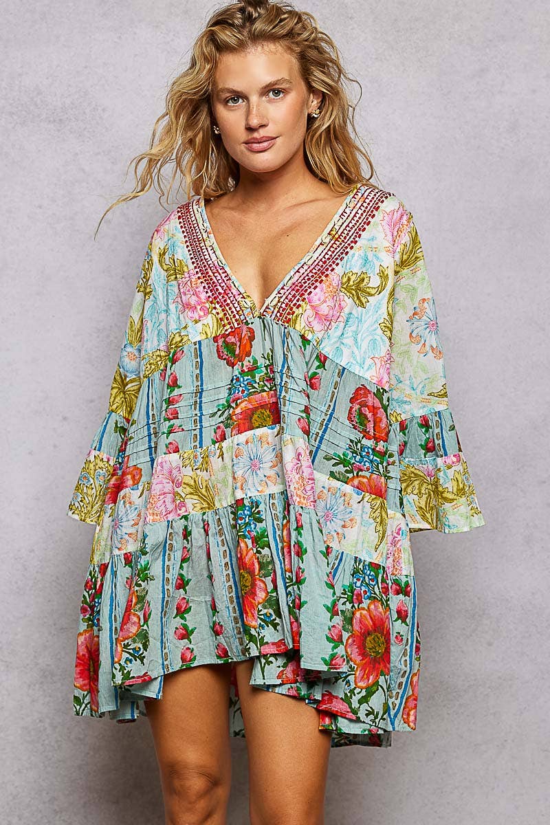 3/4 Sleeve V-neck Seashell Shape Printed Woven Dress