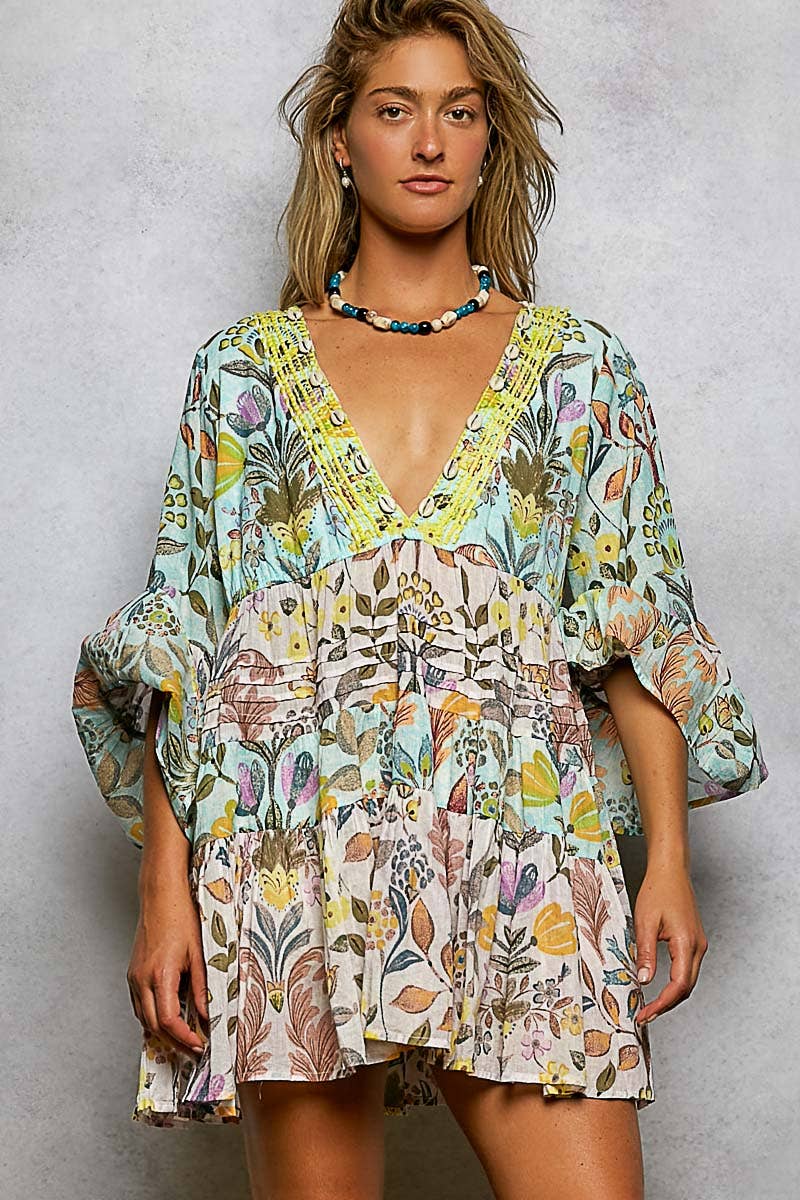 3/4 Sleeve V-neck Seashell Shape Printed Woven Dress