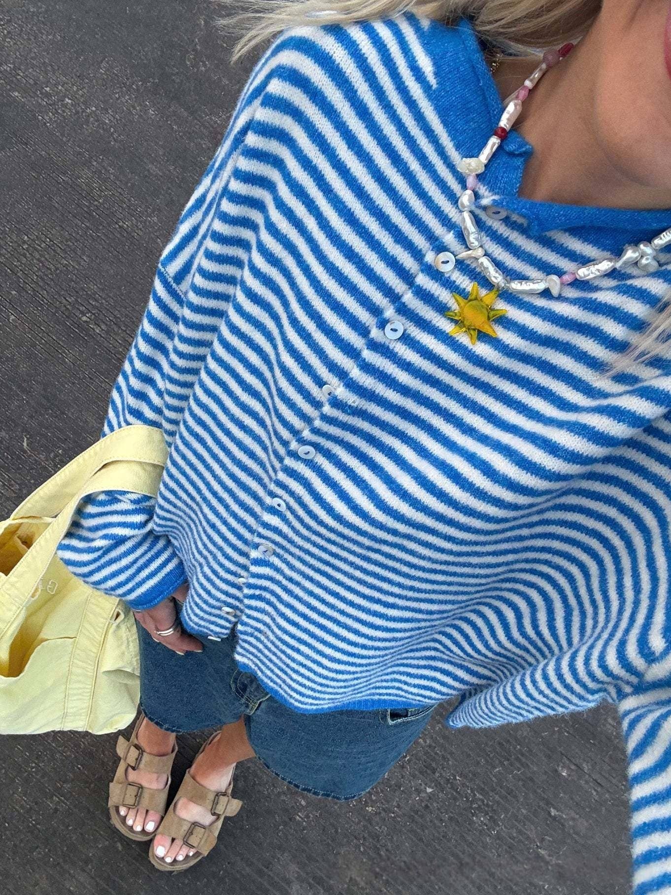 Lightweight Cozy roll neck cardigan in stripe