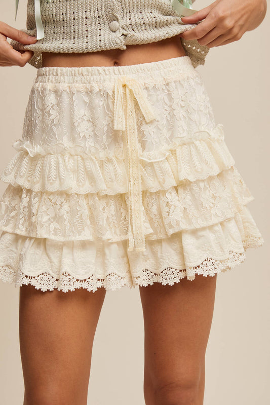 Lace Tiered Shorts with Ruffle Details