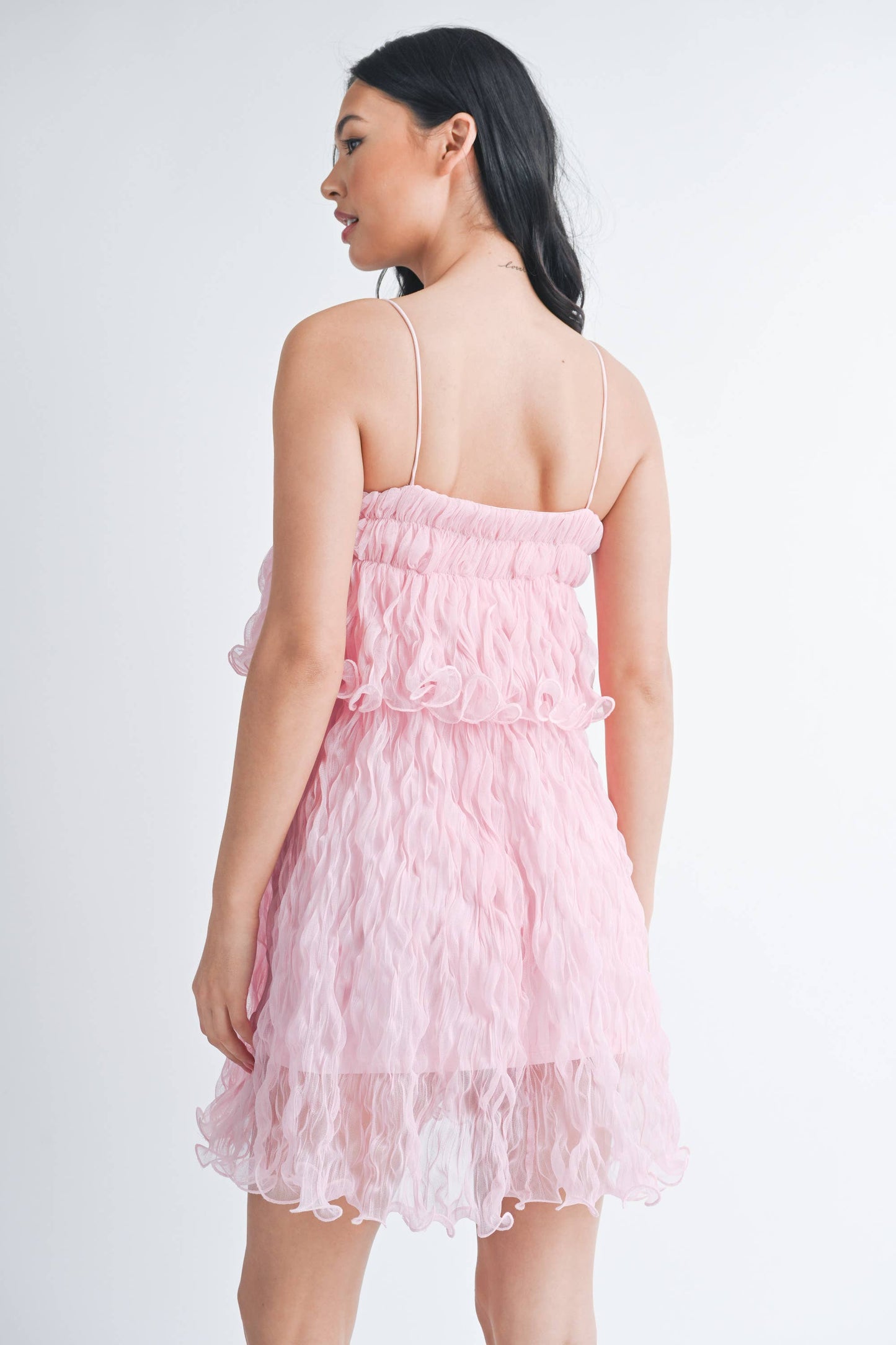 PLEATED TULLE RUFFLED TIERED MINI DRESS