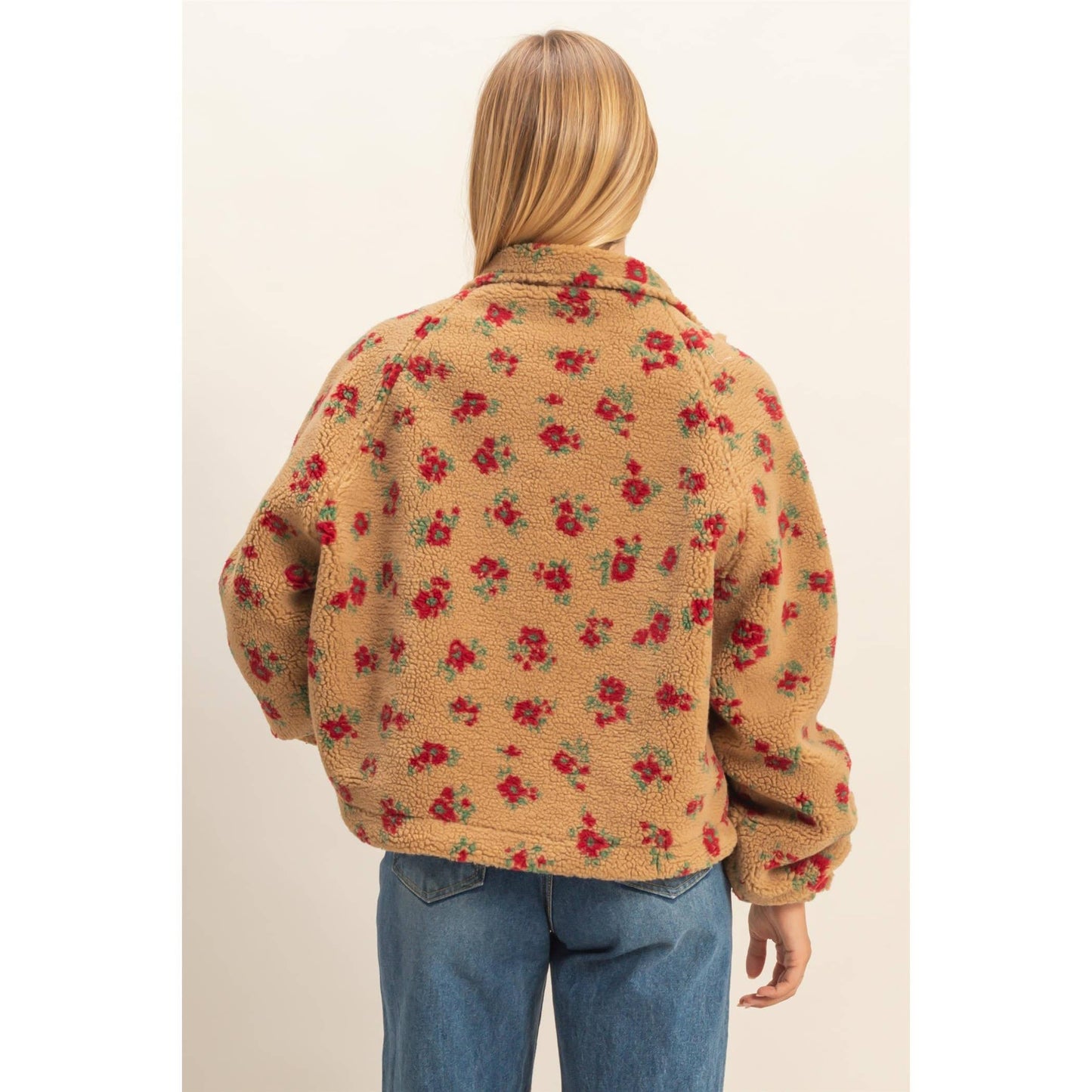 Floral Print Sherpa Zip Up Jacket