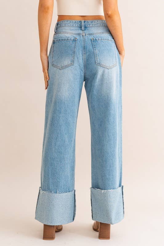 High waisted wide leg cuffed jeans
