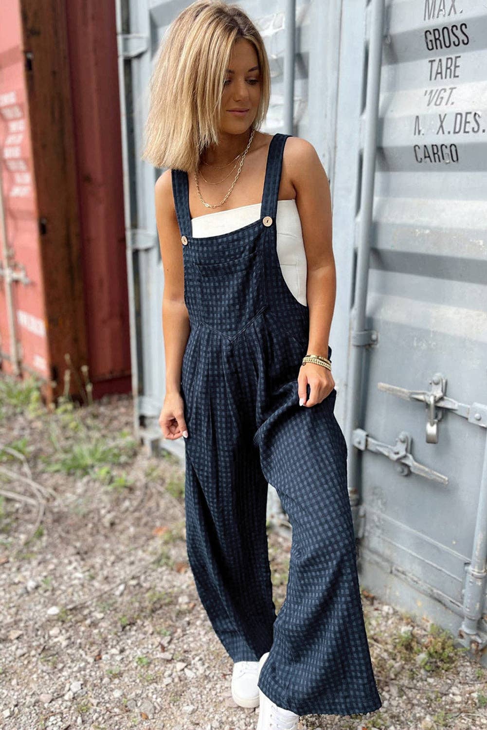 Blue Plaid Buttoned High Waist Overall