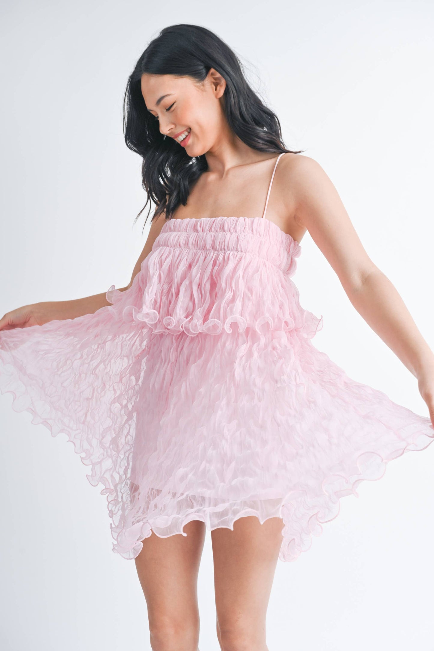 PLEATED TULLE RUFFLED TIERED MINI DRESS