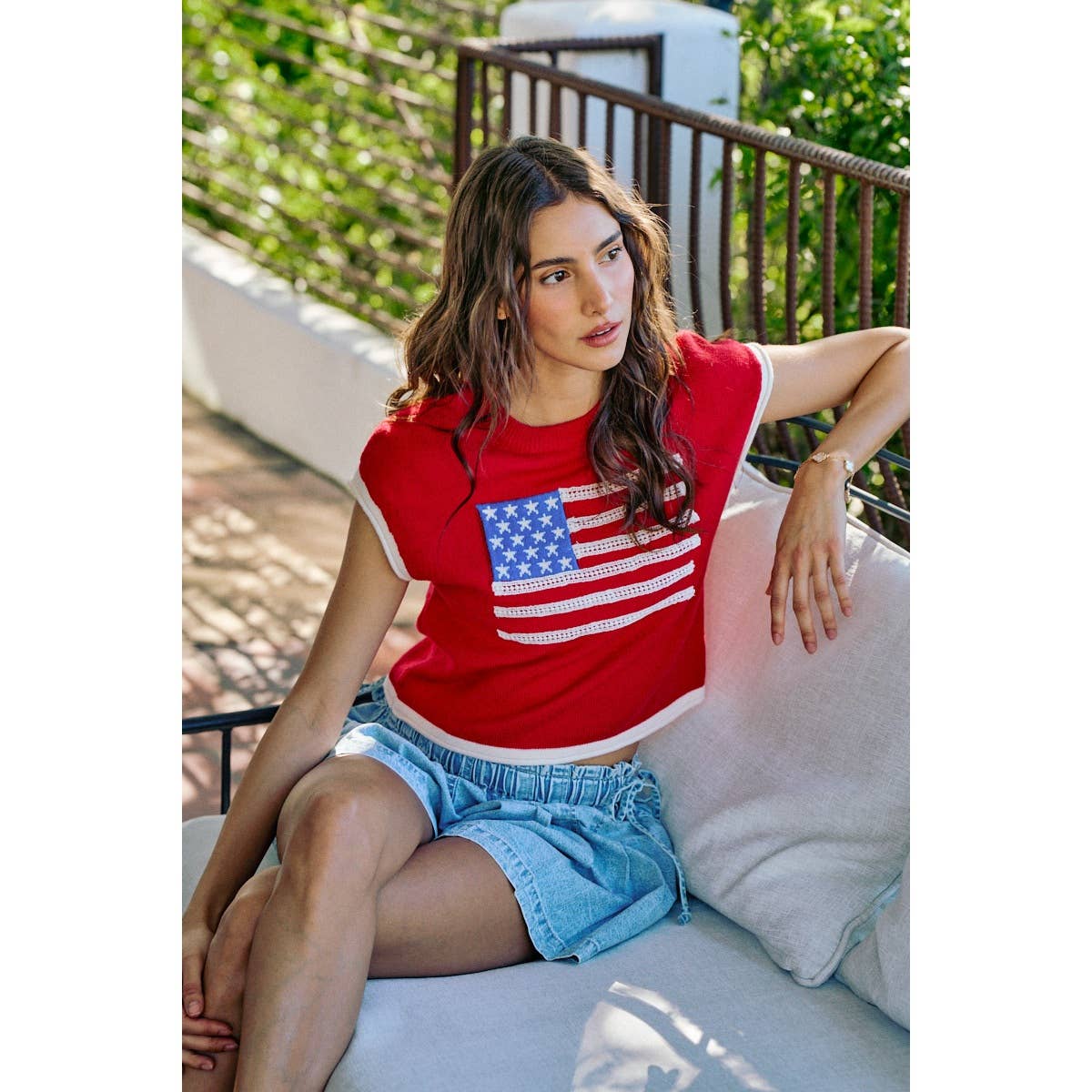 4TH OF JULY MOCK NECK KNITTED DOLMAN TOP WITH CONTRAST BAND