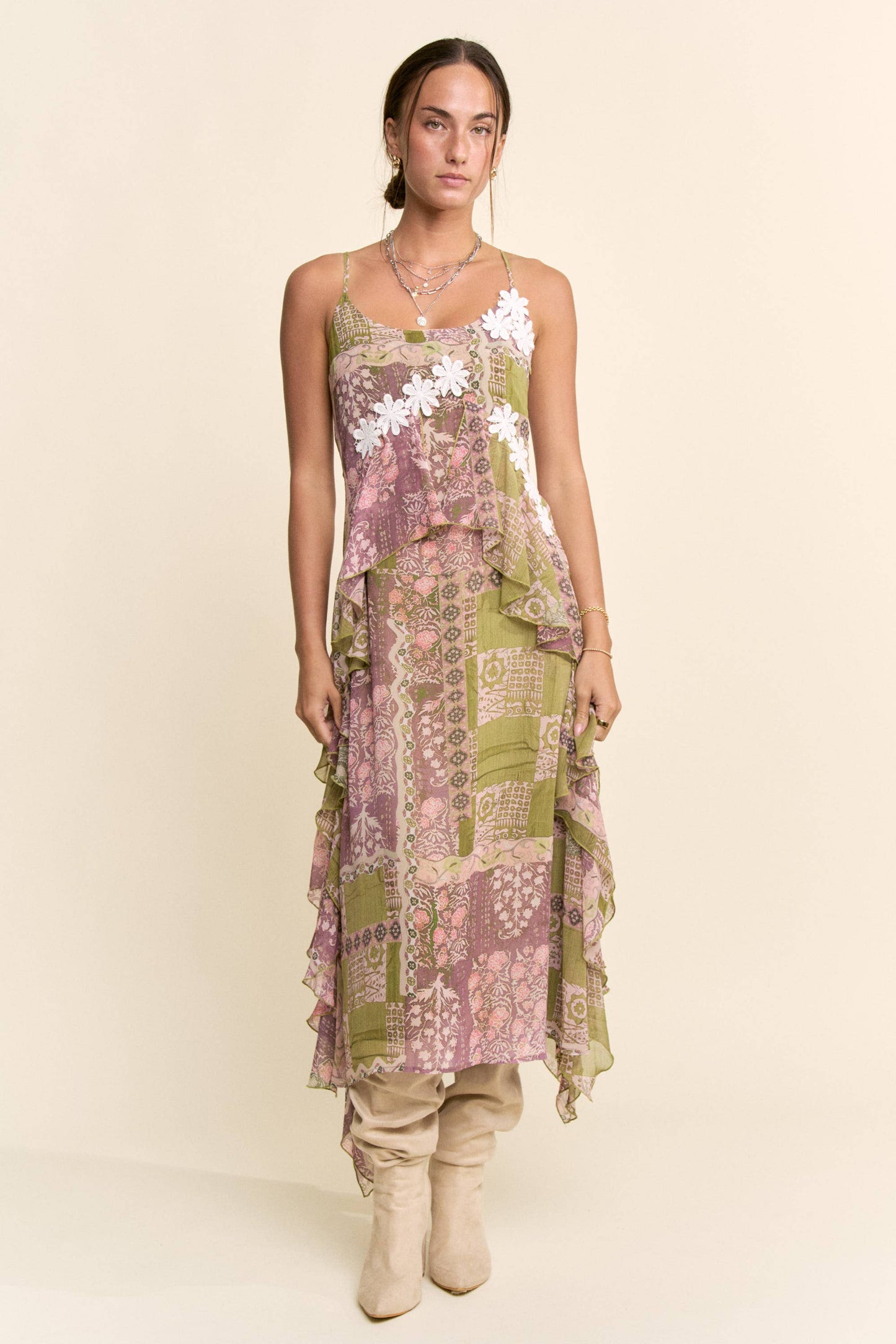 BOHO PRINTED CHIFFON RUFFLE AND LACE DETAIL DRESS