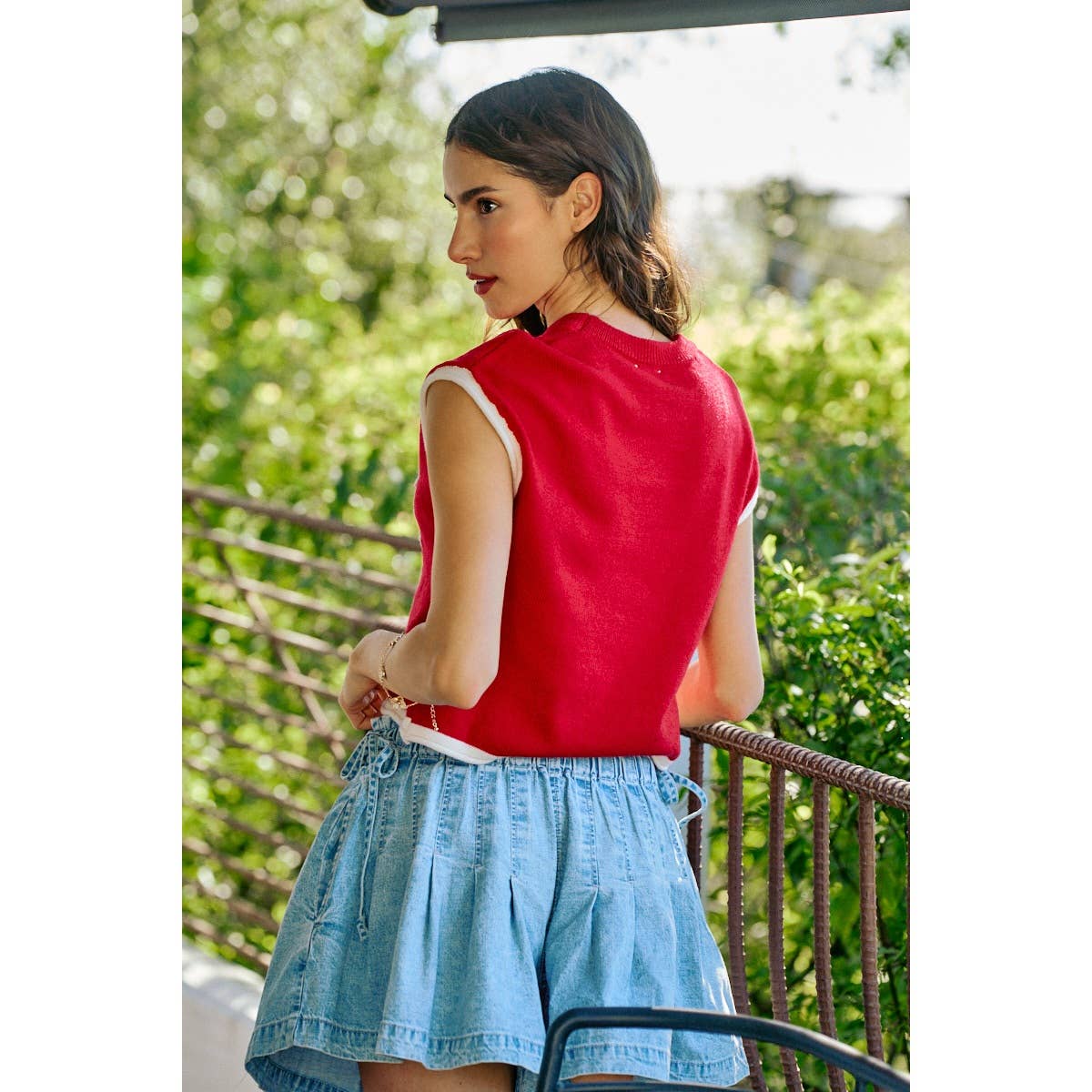 4TH OF JULY MOCK NECK KNITTED DOLMAN TOP WITH CONTRAST BAND