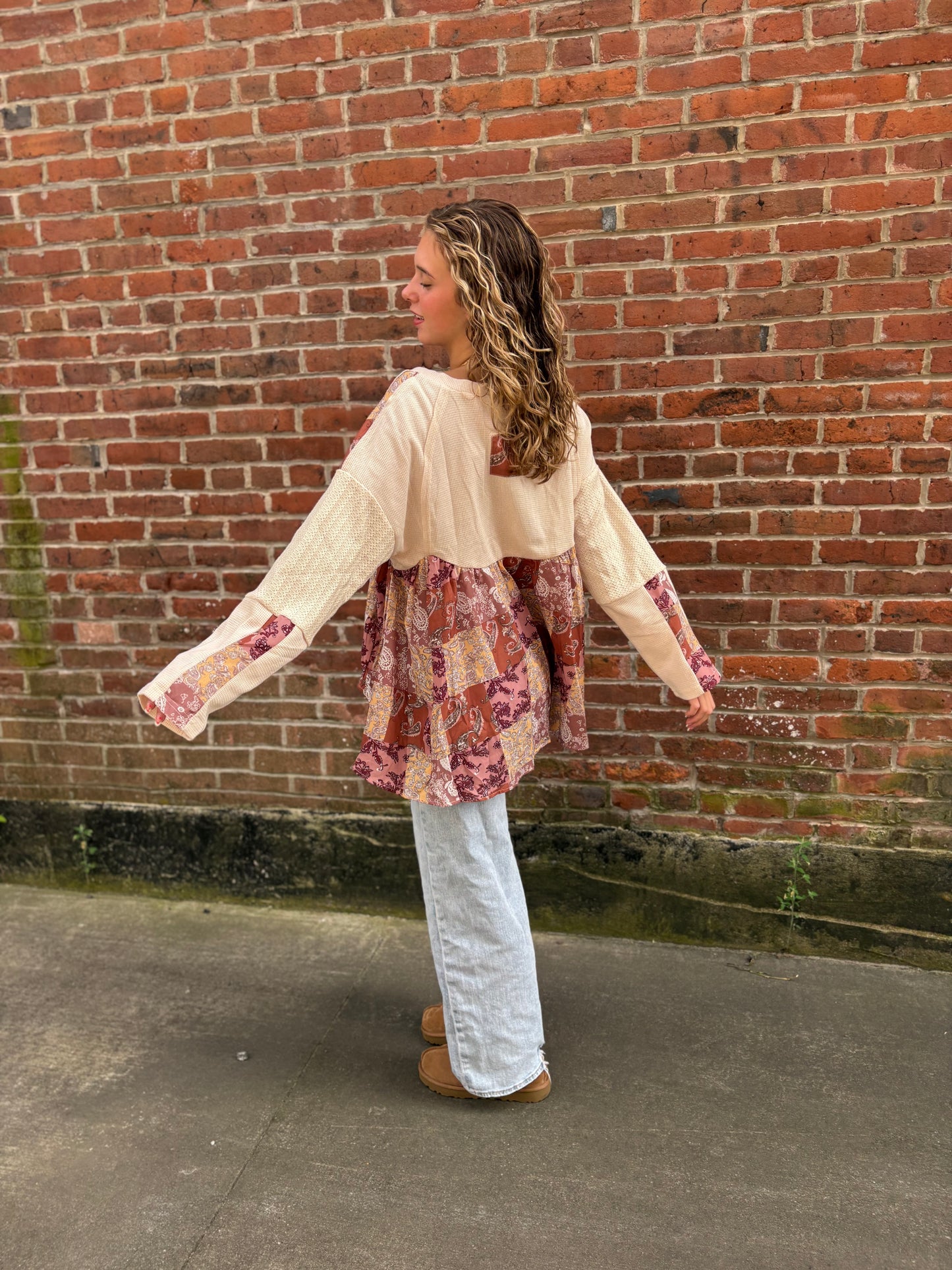 Paisley Ethnic Contrast Patchwork Long Sleeve Loose Top
