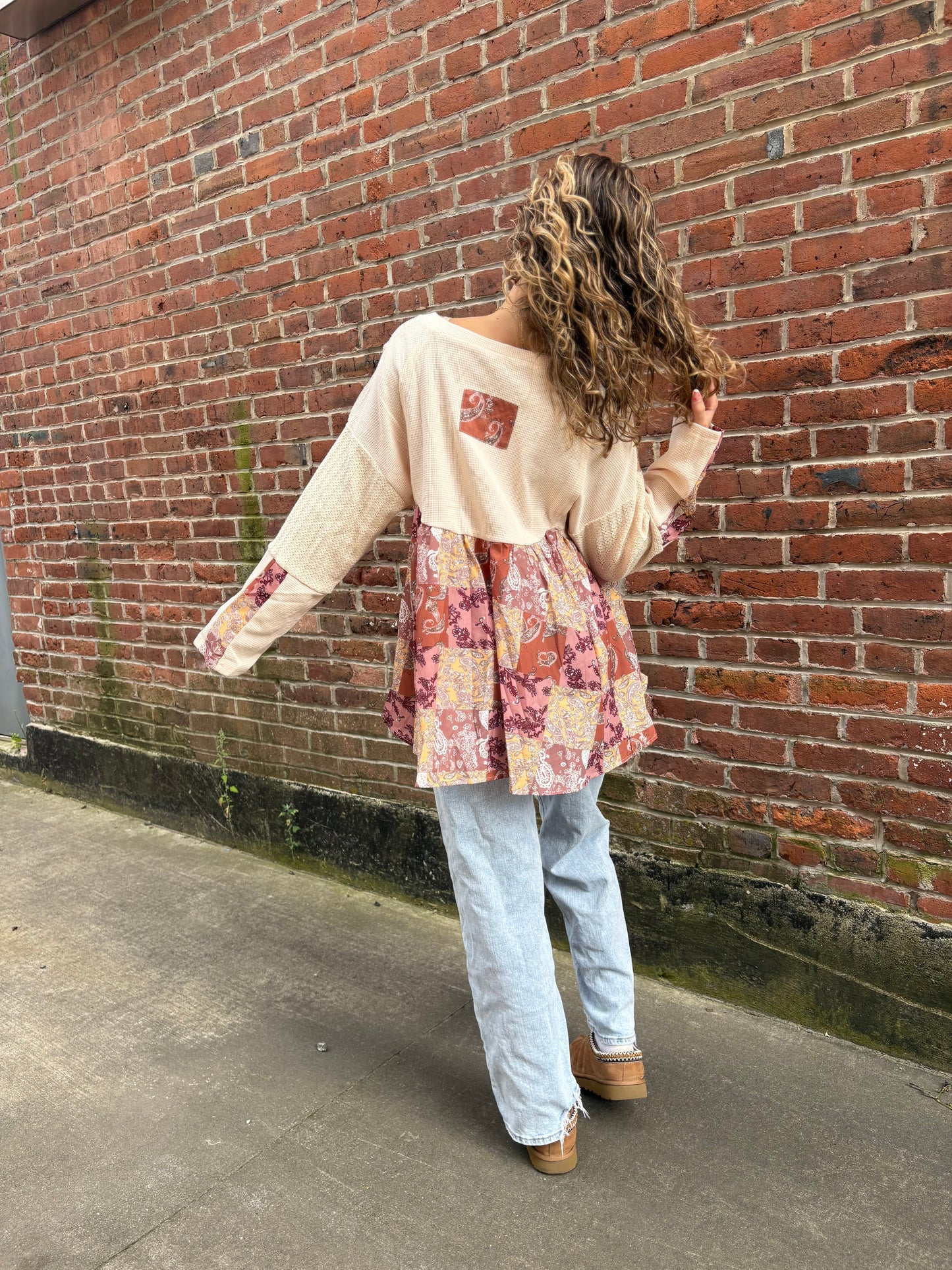 Paisley Ethnic Contrast Patchwork Long Sleeve Loose Top