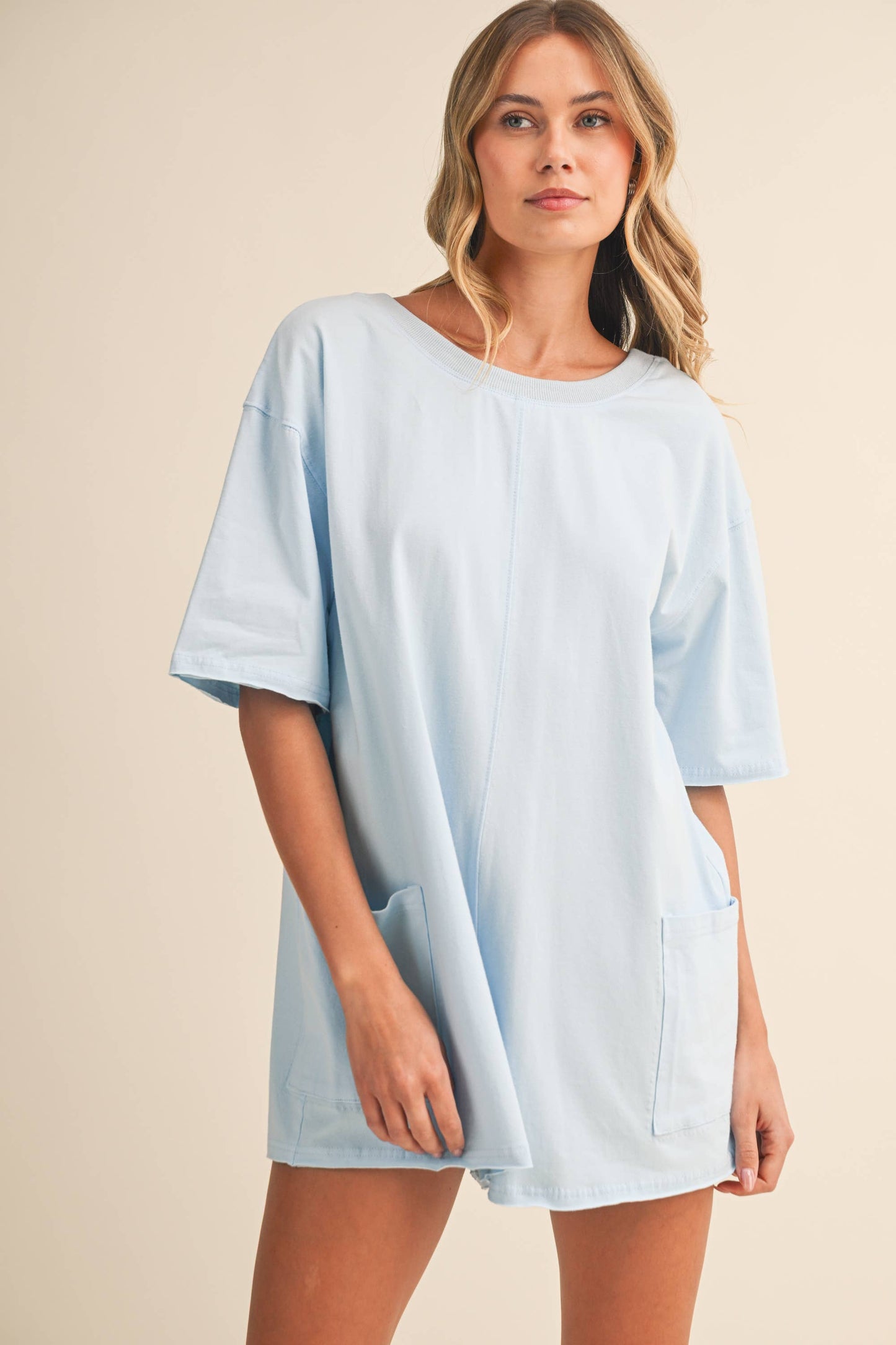 SHORT SLEEVE RELAXED FIT FRONT POCKETED ROMPER