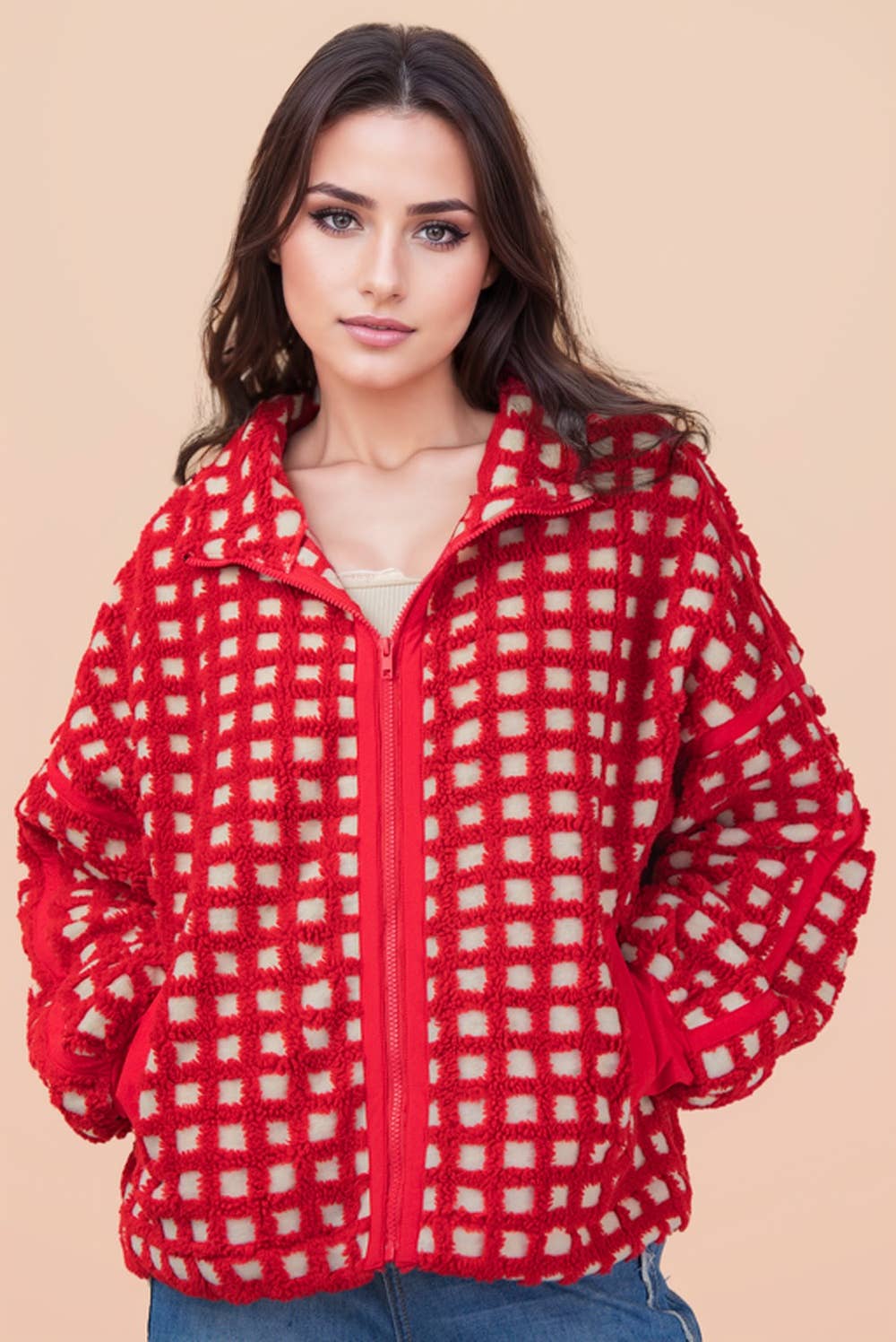 Oversized Checker Fleece Jacket