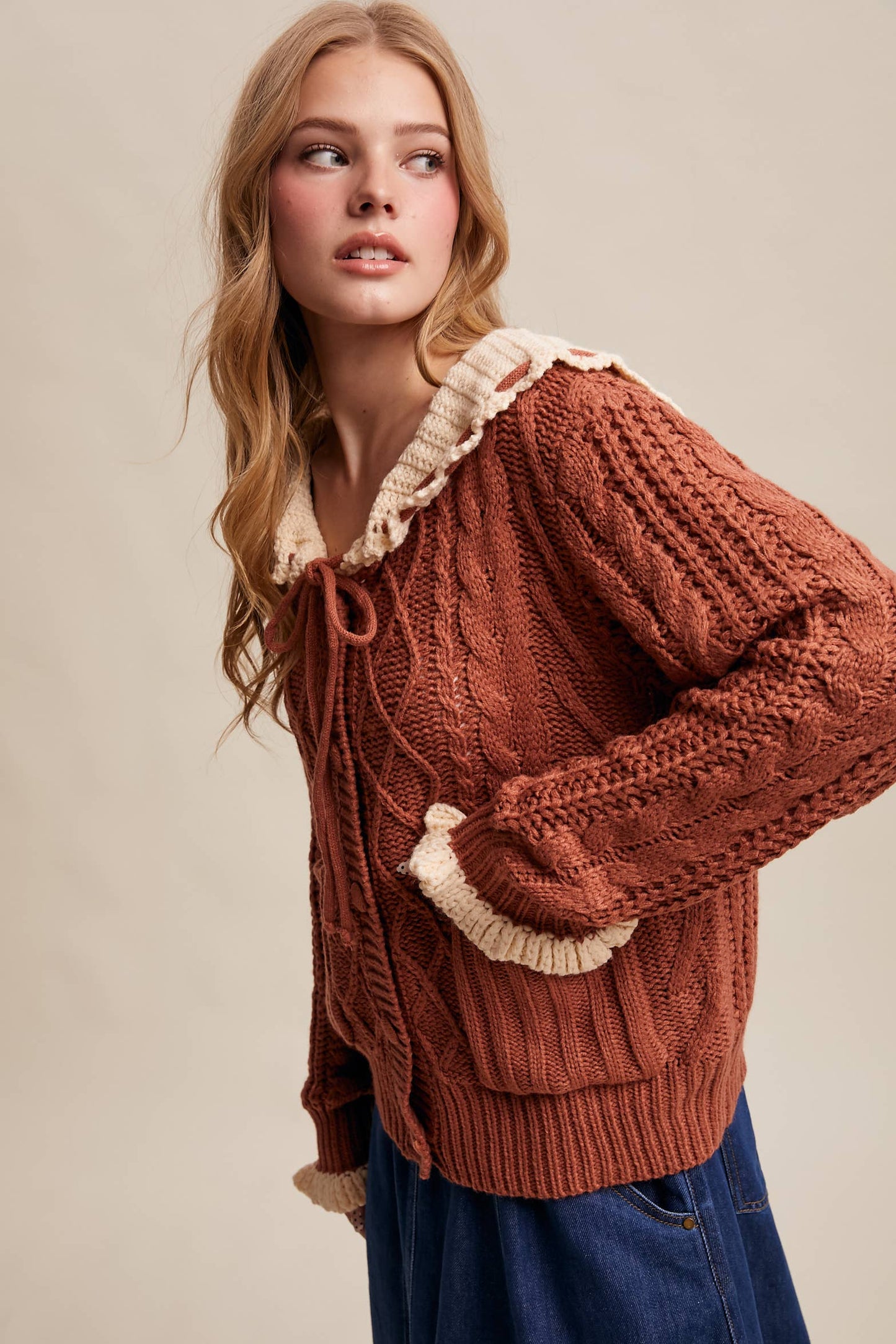 Two-Tone Crochet Collar Cable Knit Cardigan