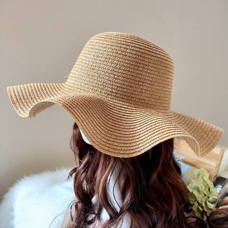 Summer Bow Ribbon Wide Brim Wave Straw Hat