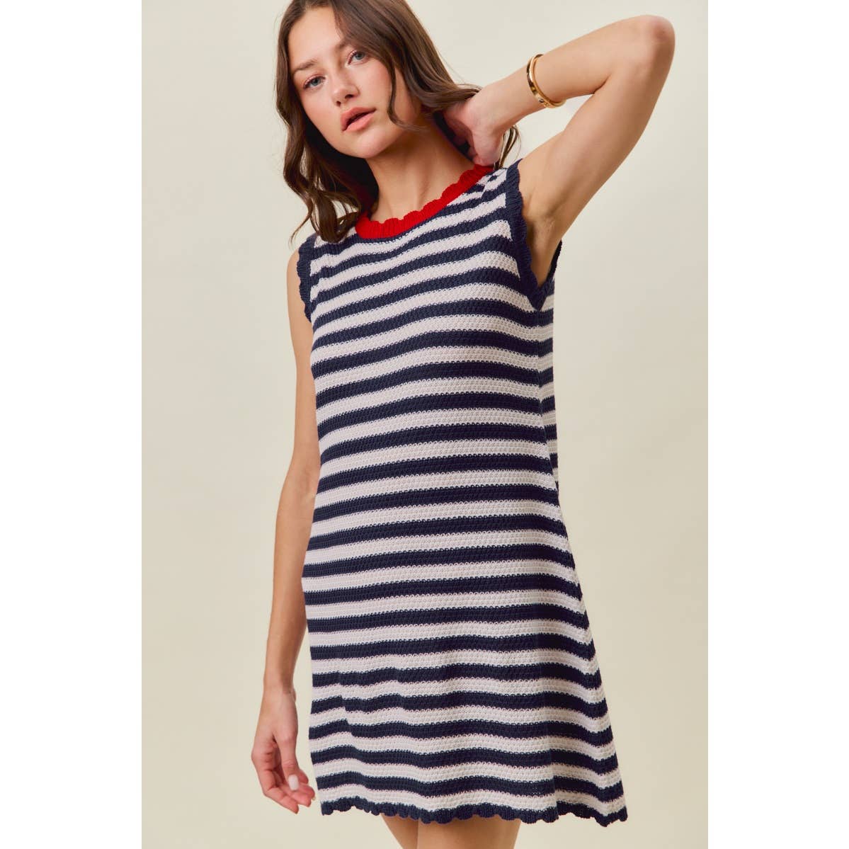 SCALLOP EDGE STRIPE SWEATER KNIT MINI DRESS