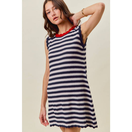 SCALLOP EDGE STRIPE SWEATER KNIT MINI DRESS
