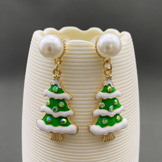 Enamel Christmas Tree Pearl Post Earrings