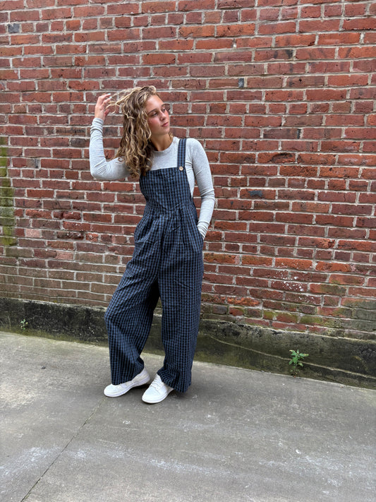 Blue Plaid Buttoned High Waist Overall