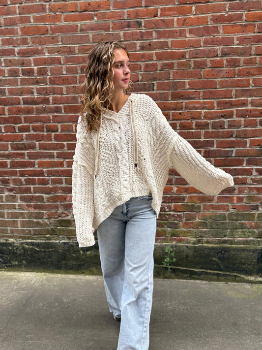 Oversized hooded cable knit chenille sweater