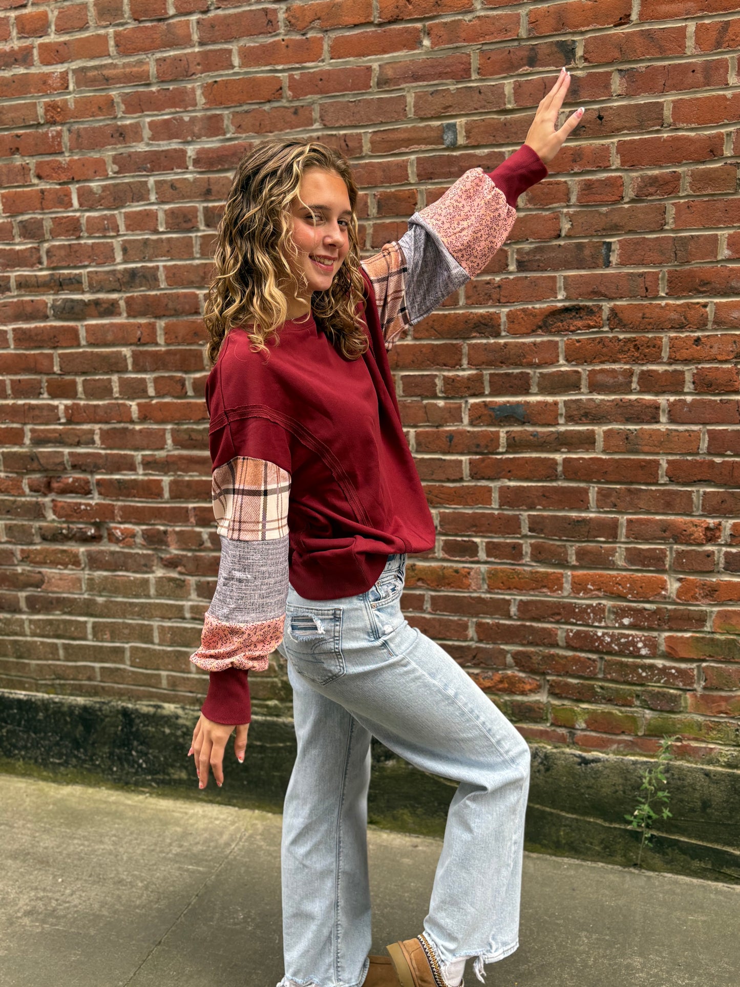 Plaid Colorblock Patchwork Sleeve Raw Seam Sweatshirt