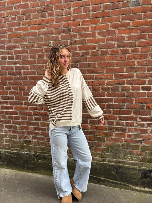 Stitched Detail Color Block Patchwork Oversized Pullover Top