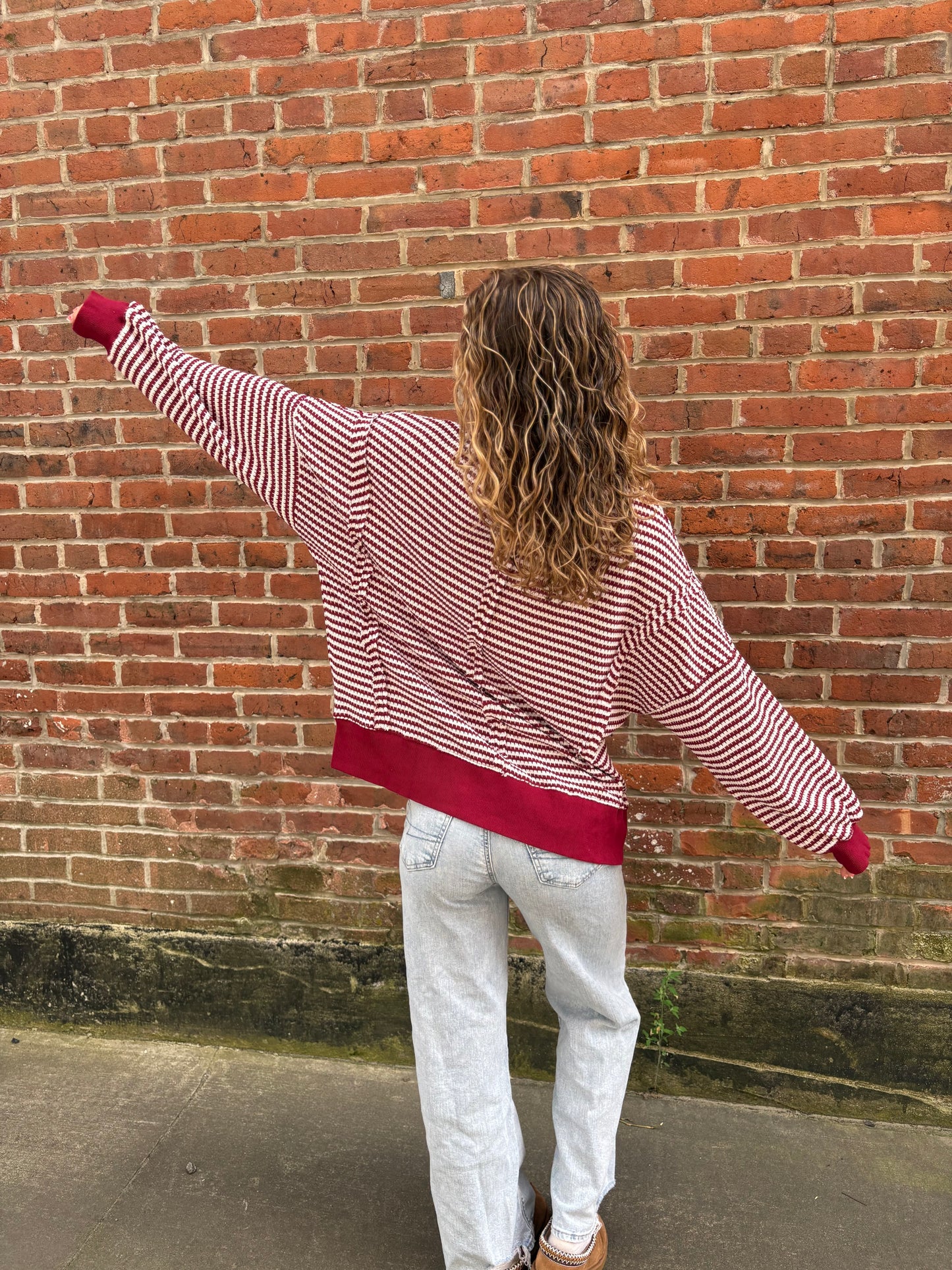 Stripe Ribbed Trim Drop Shoulder Long Sleeve Oversize Top