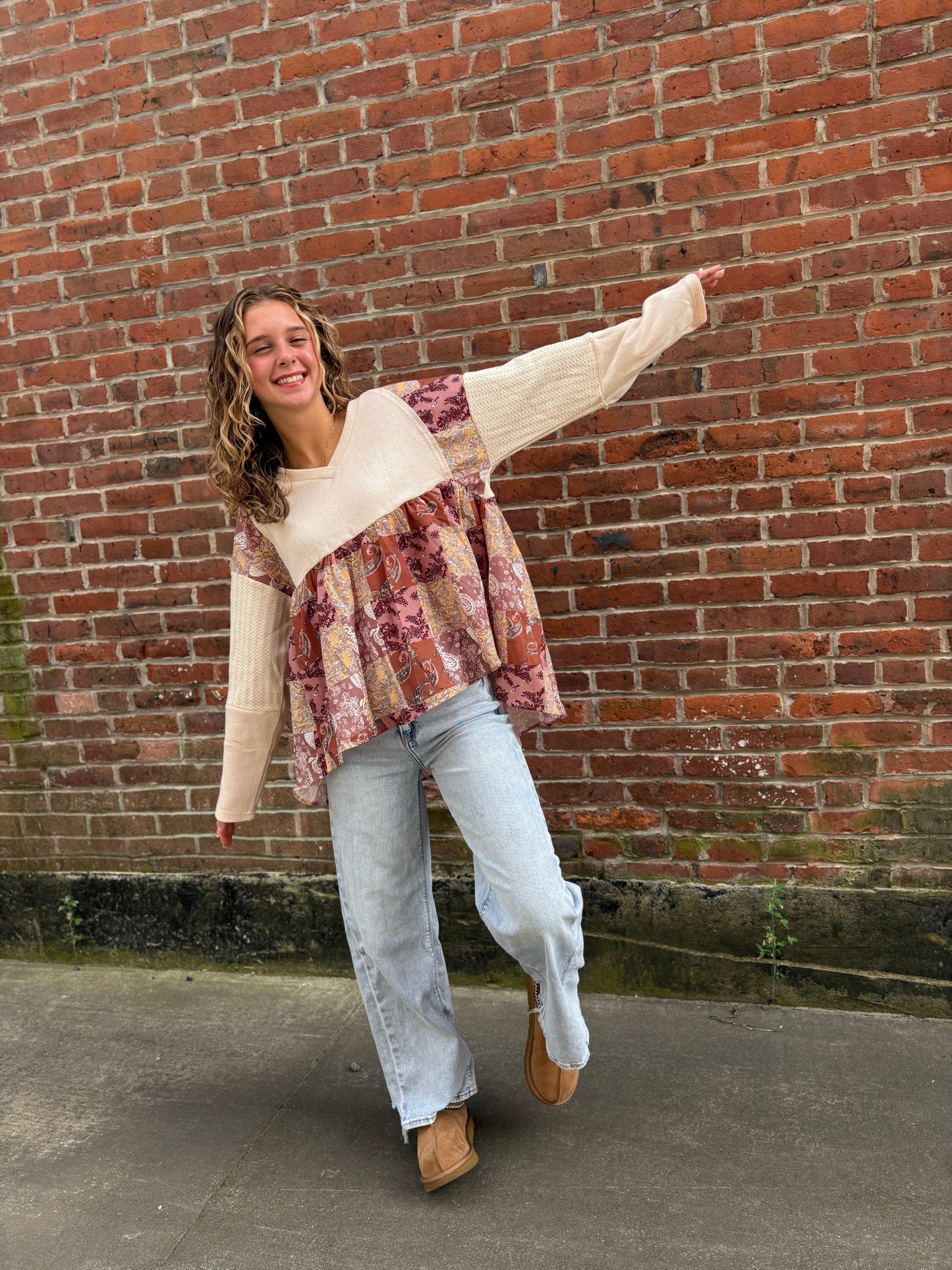 Paisley Ethnic Contrast Patchwork Long Sleeve Loose Top