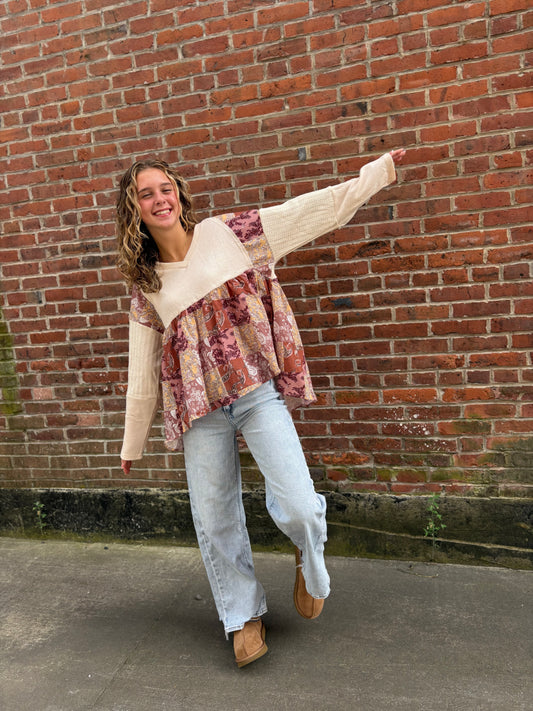 Paisley Ethnic Contrast Patchwork Long Sleeve Loose Top